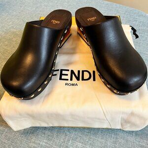 Gorgeous Fendi Black Leather Clog with Gold Studs & Hell